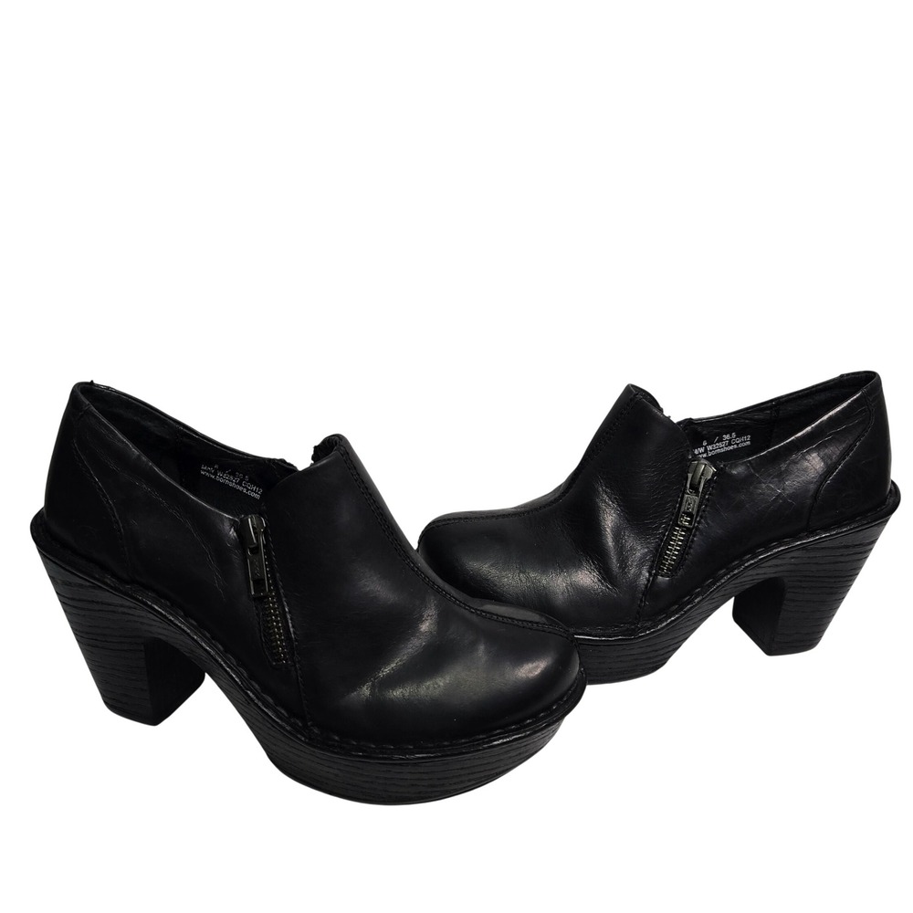 Born Black Leather Platform Booties Double Side Zip Block Heel 6 - Picture 2 of 13